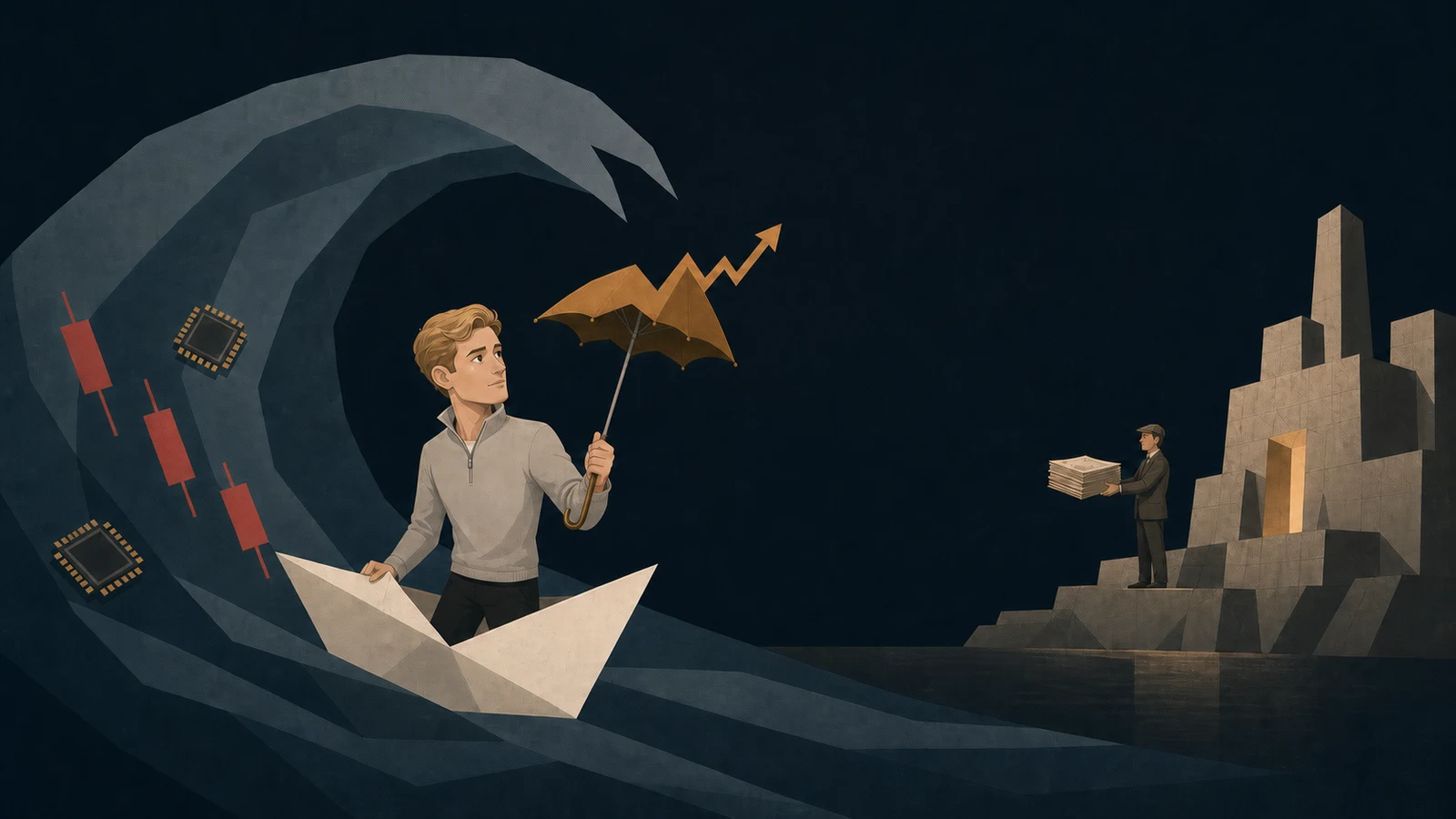 Cartoon: Leopold Aschenbrenner riding out a market storm in a paper boat