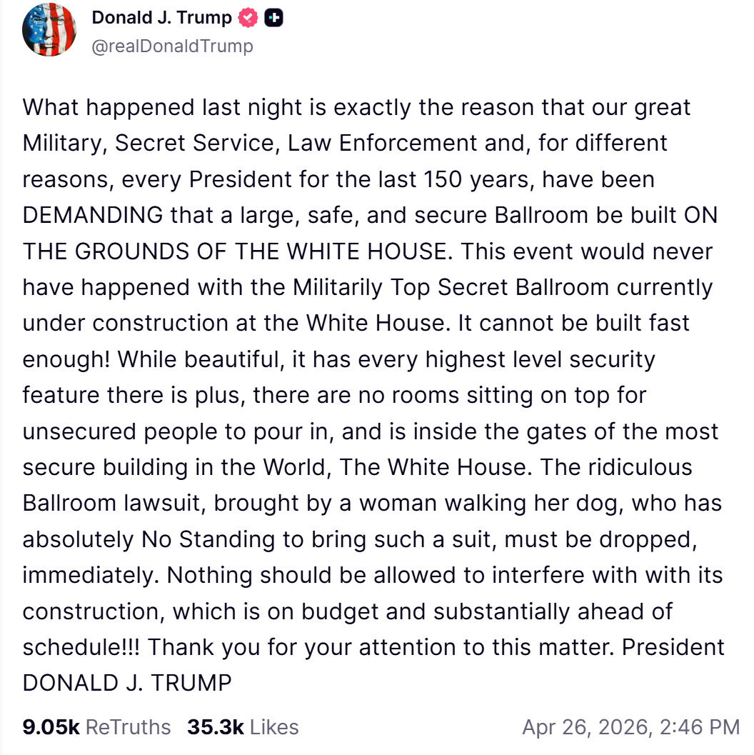 Trump's Truth Social post about the ballroom